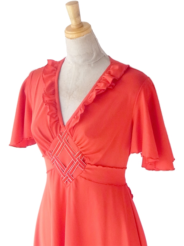 ヨーロッパ古着 フランス買い付け 70年代製 、レッド X フリルデザイン ヴィンテージ ワンピース 23FC126