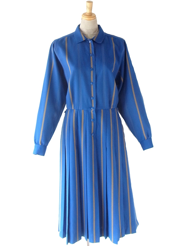 ヨーロッパ古着 60年代フランス製 ブルー X イエロー ストライプ ヴィンテージ プリーツ ワンピース 23FC415