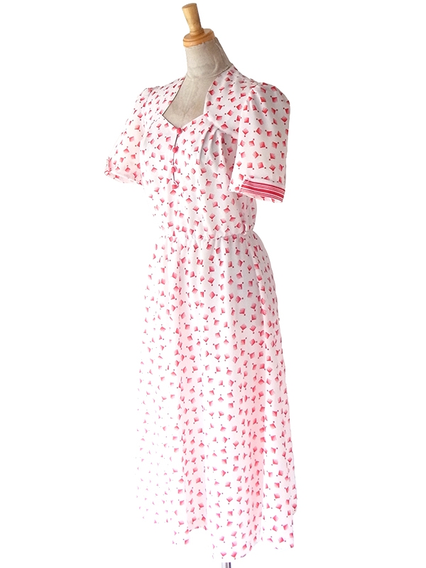 ヨーロッパ古着 フランス買い付け 60年代製 ホワイト X レッド レトロ柄 パフスリーブ ワンピース 24FC002