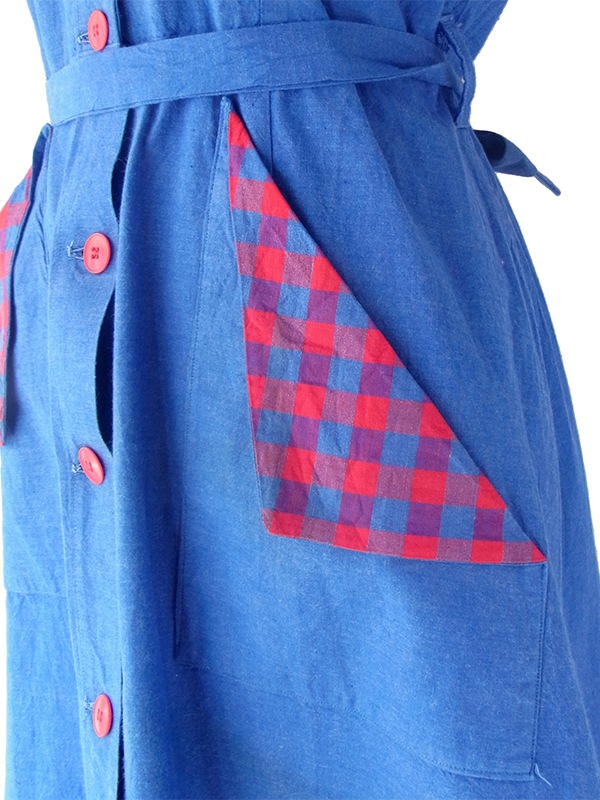 ヨーロッパ古着 フランス買い付け 60年代製 インディゴブルー X レッド マドラスチェック 共布ベルト付き ワンピース 24FC007