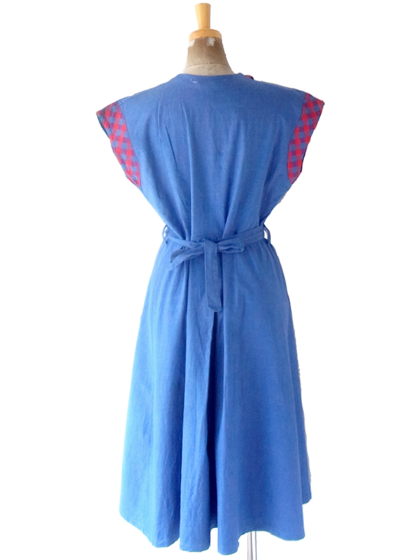ヨーロッパ古着 フランス買い付け 60年代製 インディゴブルー X レッド マドラスチェック 共布ベルト付き ワンピース 24FC007