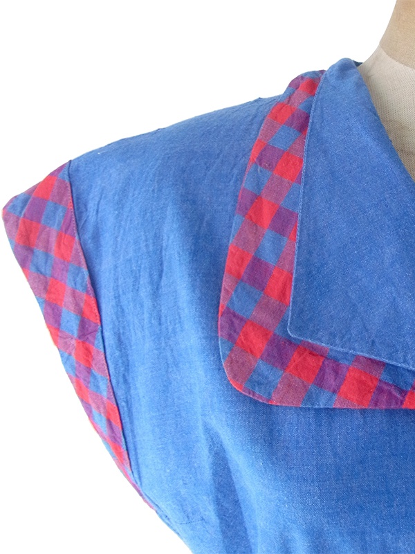 ヨーロッパ古着 フランス買い付け 60年代製 インディゴブルー X レッド マドラスチェック 共布ベルト付き ワンピース 24FC007