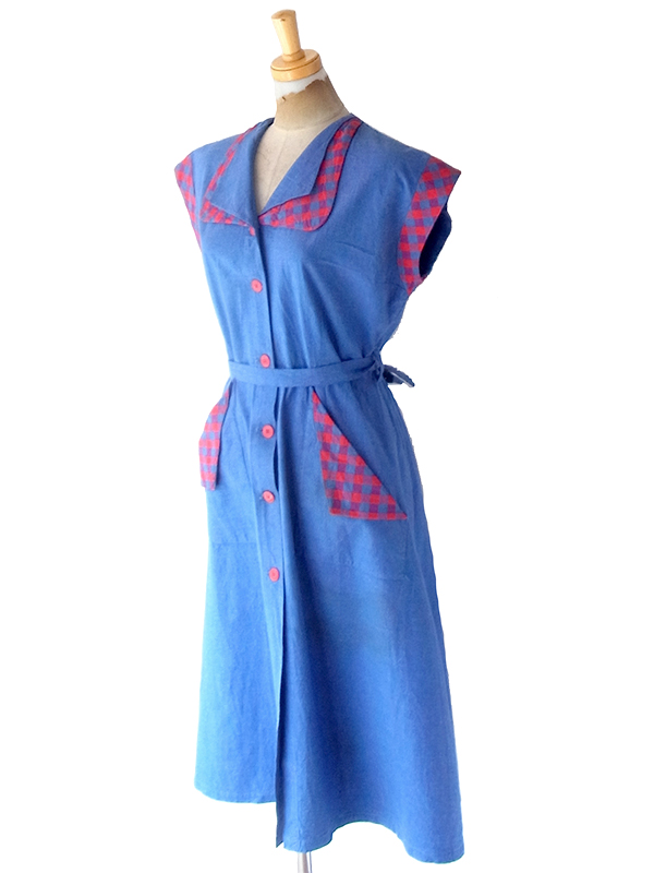 ヨーロッパ古着 フランス買い付け 60年代製 インディゴブルー X レッド マドラスチェック 共布ベルト付き ワンピース 24FC007