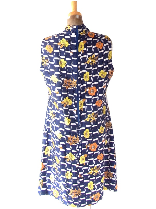 【送料無料】フランス買い付け 70年代製 ネイビー X カラフル花柄 ボウタイ ヴィンテージ ワンピース 24FC008【ヨーロッパ古着】