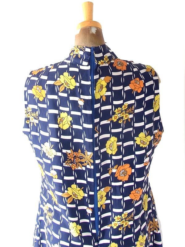 【送料無料】フランス買い付け 70年代製 ネイビー X カラフル花柄 ボウタイ ヴィンテージ ワンピース 24FC008【ヨーロッパ古着】