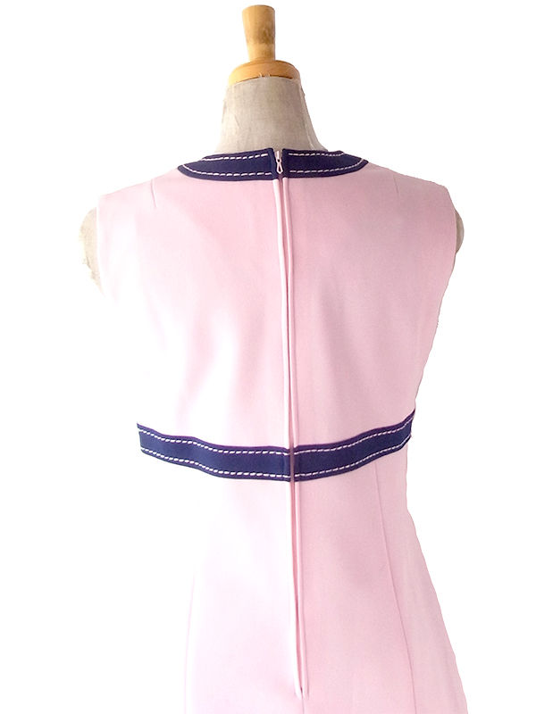 ヨーロッパ古着 フランス買い付け 70年代製 ピンク X ネイビー 切り返し ビッグステッチ ヴィンテージ ワンピース 24FC101
