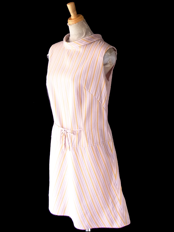 ヨーロッパ古着 フランス買い付け 60年代製 ピンク X カラフル ストライプ ヴィンテージ ワンピース 24FC113