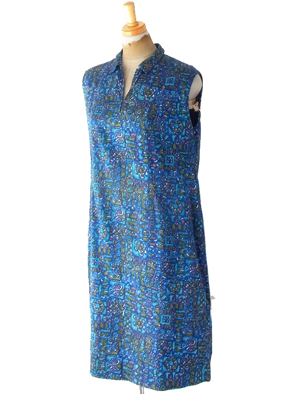 ヨーロッパ古着 フランス買い付け 70年代製 ブルー X グリーン レトロ柄 ヴィンテージ ワンピース 24FC203