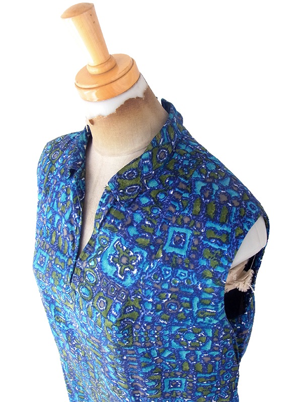 ヨーロッパ古着 フランス買い付け 70年代製 ブルー X グリーン レトロ柄 ヴィンテージ ワンピース 24FC203