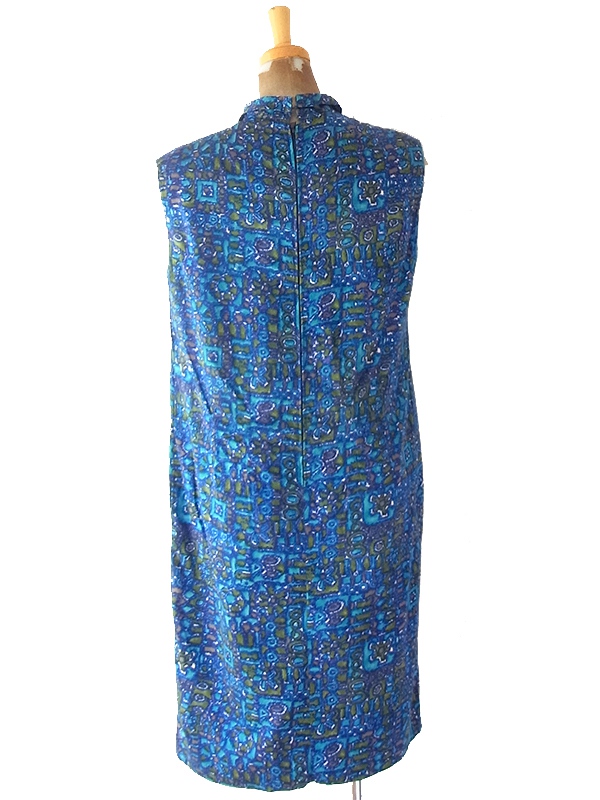 ヨーロッパ古着 フランス買い付け 70年代製 ブルー X グリーン レトロ柄 ヴィンテージ ワンピース 24FC203