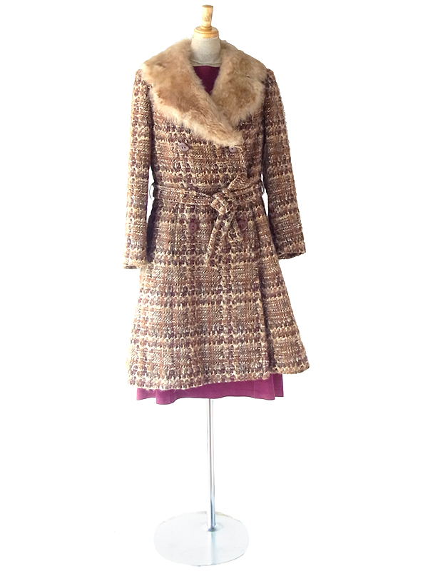 ヨーロッパ古着 フランス買い付け 60年代製 ブラウン X ウール ツイード ファー襟 コート 24FC300
