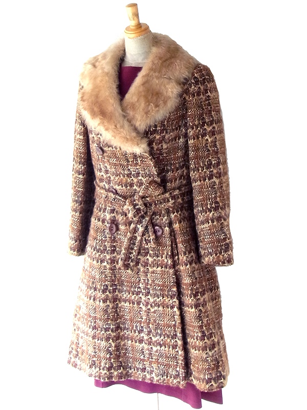 ヨーロッパ古着 フランス買い付け 60年代製 ブラウン X ウール ツイード ファー襟 コート 24FC300