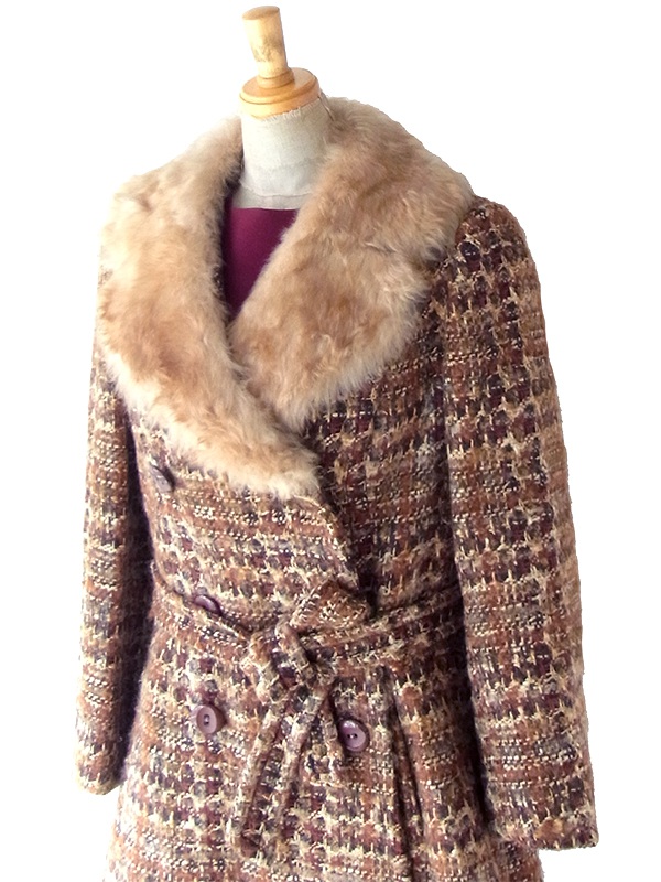 ヨーロッパ古着 フランス買い付け 60年代製 ブラウン X ウール ツイード ファー襟 コート 24FC300