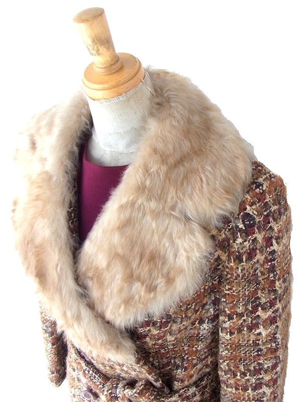 ヨーロッパ古着 フランス買い付け 60年代製 ブラウン X ウール ツイード ファー襟 コート 24FC300