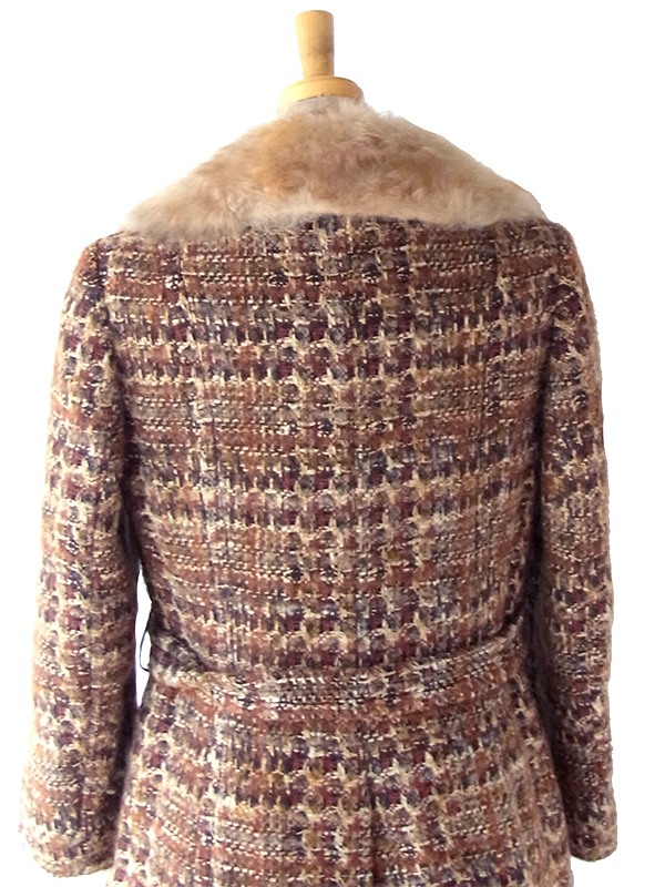 ヨーロッパ古着 フランス買い付け 60年代製 ブラウン X ウール ツイード ファー襟 コート 24FC300