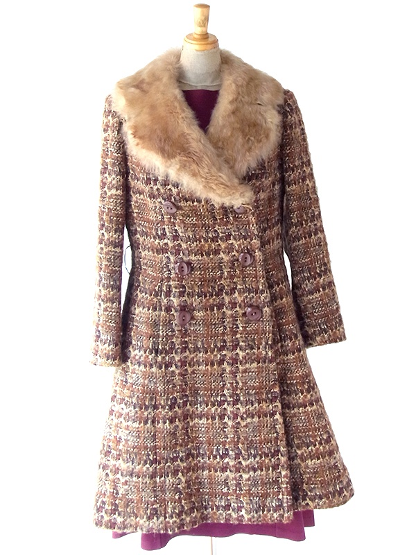 ヨーロッパ古着 フランス買い付け 60年代製 ブラウン X ウール ツイード ファー襟 コート 24FC300