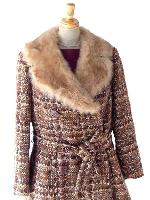 ヨーロッパ古着 フランス買い付け 60年代製 ブラウン X ウール ツイード ファー襟 コート 24FC300
