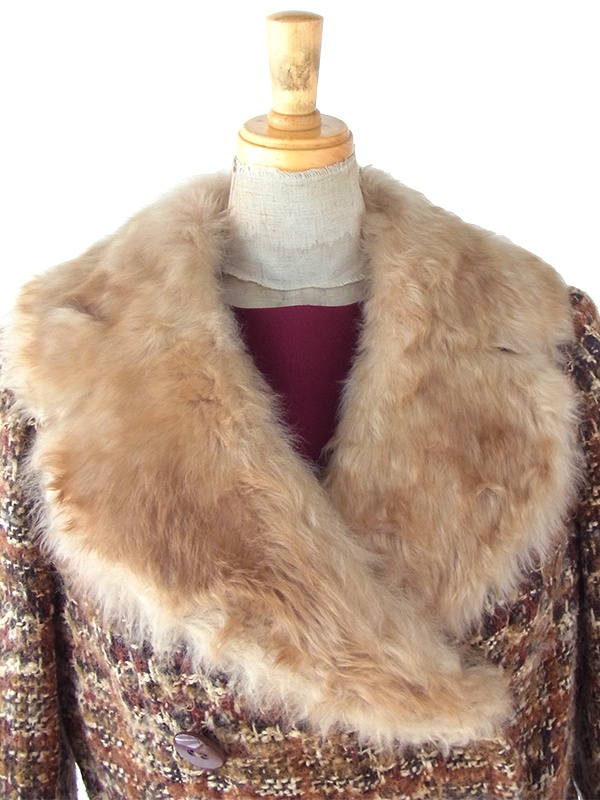 ヨーロッパ古着 フランス買い付け 60年代製 ブラウン X ウール ツイード ファー襟 コート 24FC300