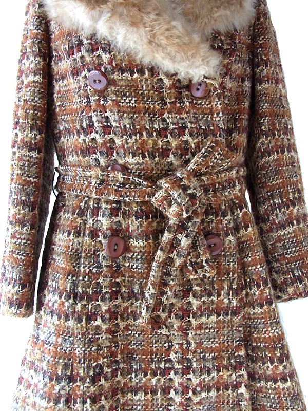 ヨーロッパ古着 フランス買い付け 60年代製 ブラウン X ウール ツイード ファー襟 コート 24FC300