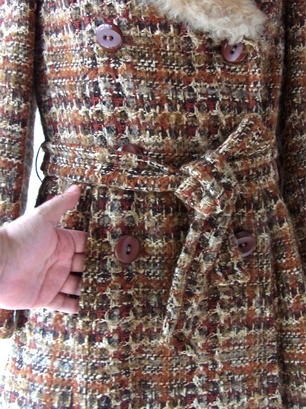 ヨーロッパ古着 フランス買い付け 60年代製 ブラウン X ウール ツイード ファー襟 コート 24FC300