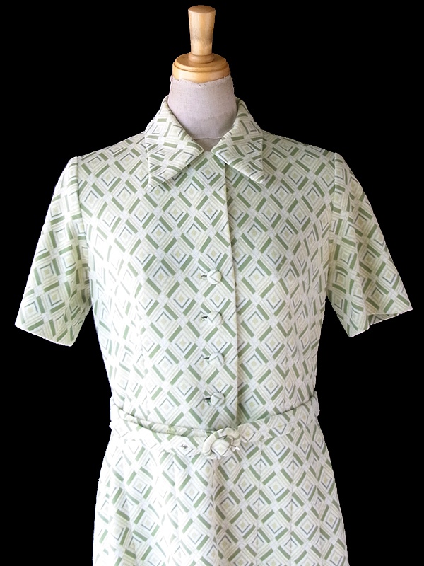 ヨーロッパ古着 フランス買い付け 70年代製 ライムグリーン X グリーン アーガイル柄織り 共布ベルト付き ワンピース 24FC407