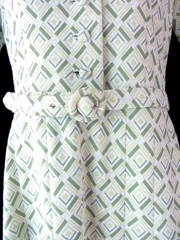 ヨーロッパ古着 フランス買い付け 70年代製 ライムグリーン X グリーン アーガイル柄織り 共布ベルト付き ワンピース 24FC407