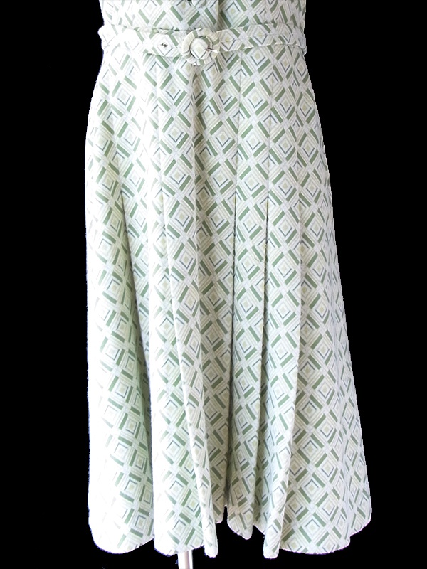 ヨーロッパ古着 フランス買い付け 70年代製 ライムグリーン X グリーン アーガイル柄織り 共布ベルト付き ワンピース 24FC407