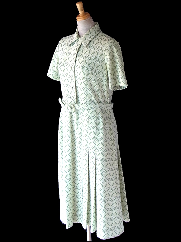 ヨーロッパ古着 フランス買い付け 70年代製 ライムグリーン X グリーン アーガイル柄織り 共布ベルト付き ワンピース 24FC407