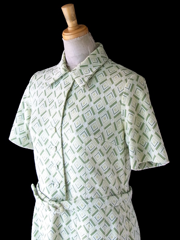 ヨーロッパ古着 フランス買い付け 70年代製 ライムグリーン X グリーン アーガイル柄織り 共布ベルト付き ワンピース 24FC407