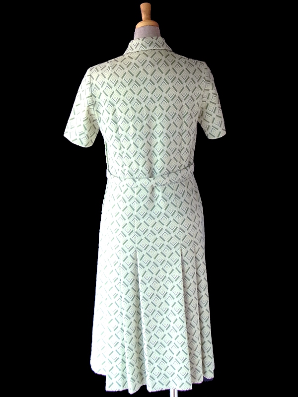 ヨーロッパ古着 フランス買い付け 70年代製 ライムグリーン X グリーン アーガイル柄織り 共布ベルト付き ワンピース 24FC407