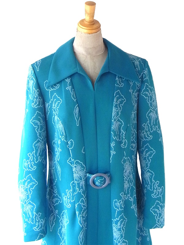 ヨーロッパ古着 ロンドン買付け 70年代製 ターコイズブルー X ホワイト 花柄 ヴィンテージ ワンピース 24OM000 