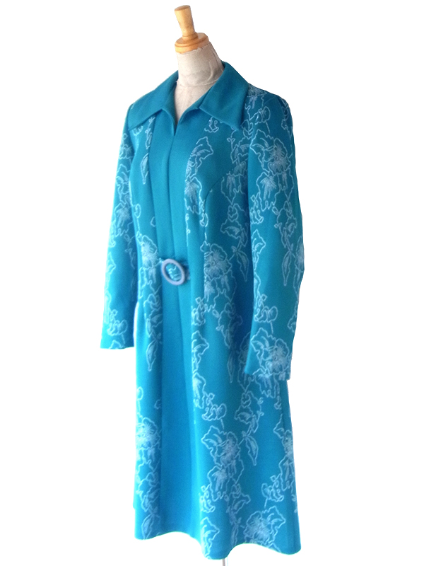 ヨーロッパ古着 ロンドン買付け 70年代製 ターコイズブルー X ホワイト 花柄 ヴィンテージ ワンピース 24OM000 