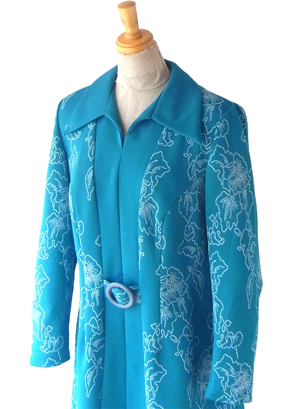 ヨーロッパ古着 ロンドン買付け 70年代製 ターコイズブルー X ホワイト 花柄 ヴィンテージ ワンピース 24OM000 