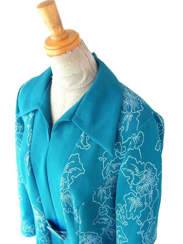 ヨーロッパ古着 ロンドン買付け 70年代製 ターコイズブルー X ホワイト 花柄 ヴィンテージ ワンピース 24OM000 