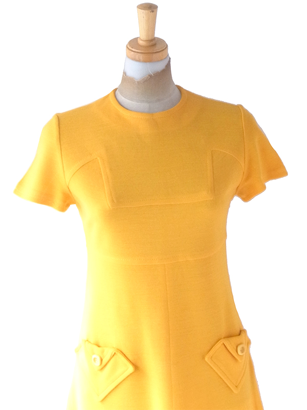ヨーロッパ古着 ロンドン買い付け 70年代製 イエロー X  シームデザイン ポケット付き ヴィンテージ ワンピース 24OM007