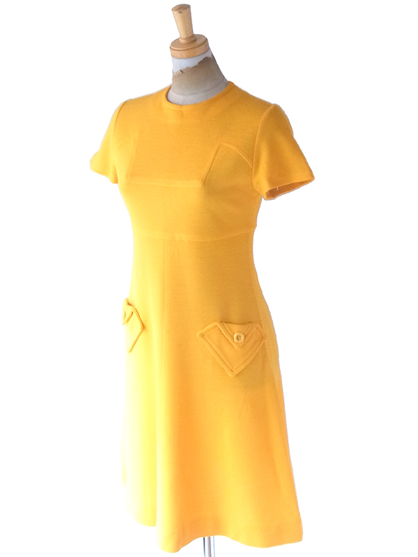 ヨーロッパ古着 ロンドン買い付け 70年代製 イエロー X  シームデザイン ポケット付き ヴィンテージ ワンピース 24OM007