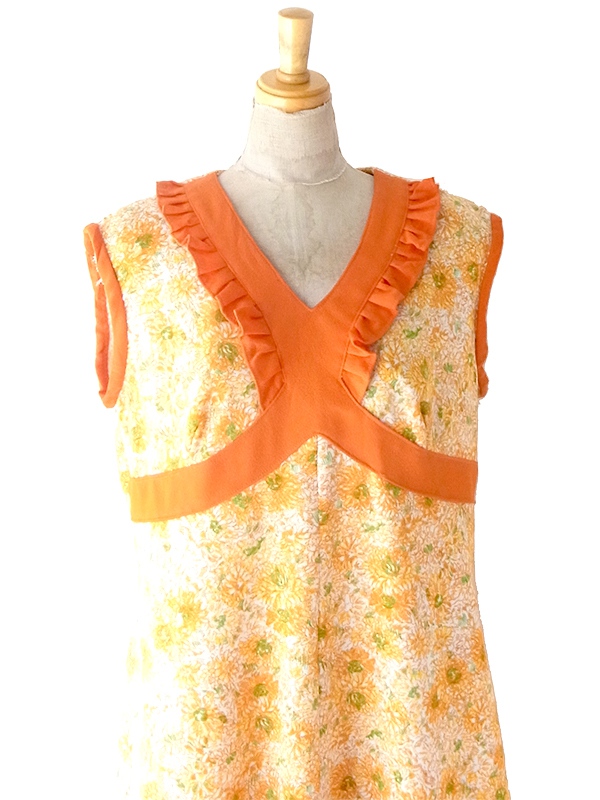 ヨーロッパ古着 ロンドン買い付け 70年代製 オレンジ X 花柄 ヴィンテージ ワンピース 24OM012