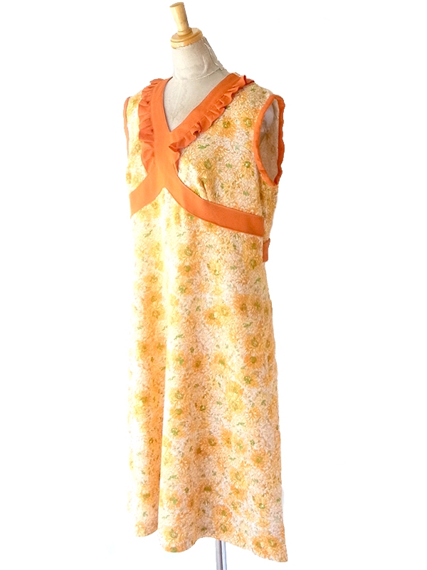 ヨーロッパ古着 ロンドン買い付け 70年代製 オレンジ X 花柄 ヴィンテージ ワンピース 24OM012