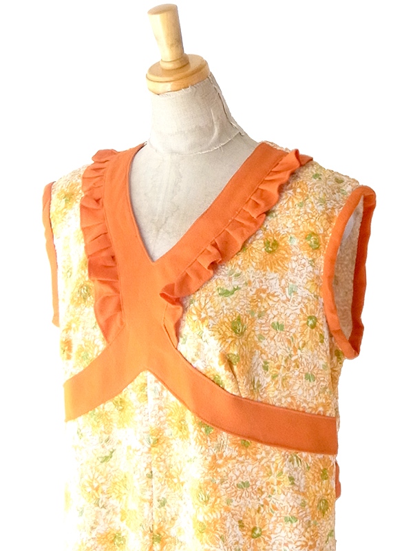 ヨーロッパ古着 ロンドン買い付け 70年代製 オレンジ X 花柄 ヴィンテージ ワンピース 24OM012