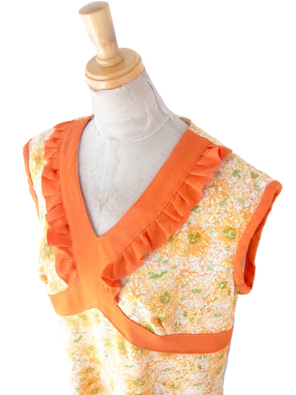 ヨーロッパ古着 ロンドン買い付け 70年代製 オレンジ X 花柄 ヴィンテージ ワンピース 24OM012