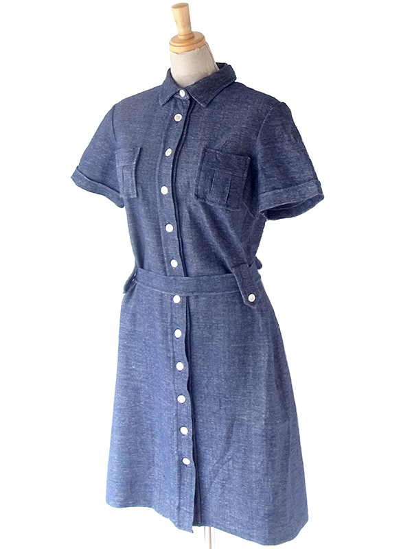 ヨーロッパ古着 イタリア製 インディゴ X 共布ベルト付き ヴィンテージ ワンピース 24OM023