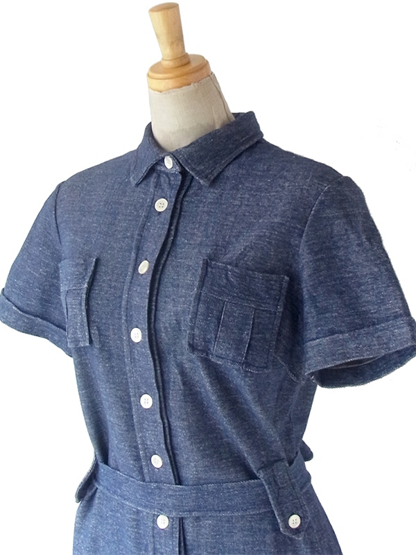 ヨーロッパ古着 イタリア製 インディゴ X 共布ベルト付き ヴィンテージ ワンピース 24OM023