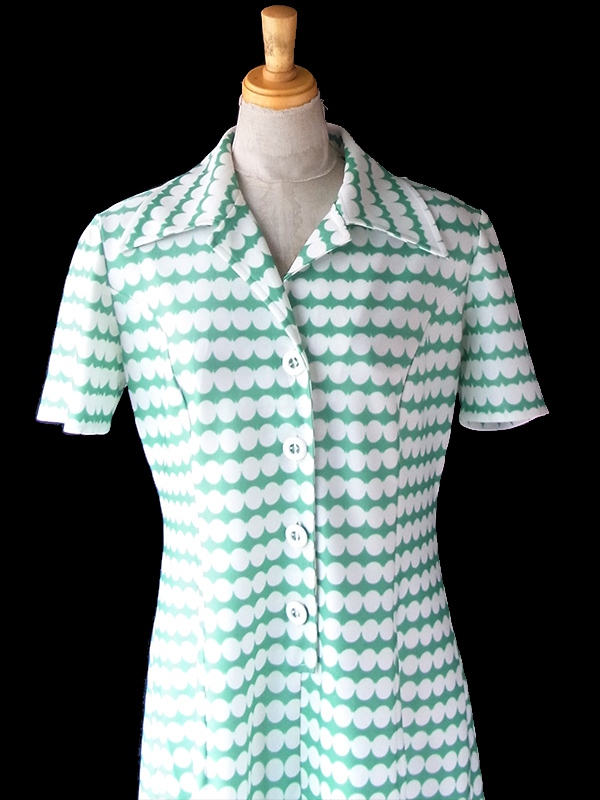 ヨーロッパ古着 ロンドン買い付け 70年代製 ミントグリーン X ホワイト 水玉 ヴィンテージ ワンピース 24OM034