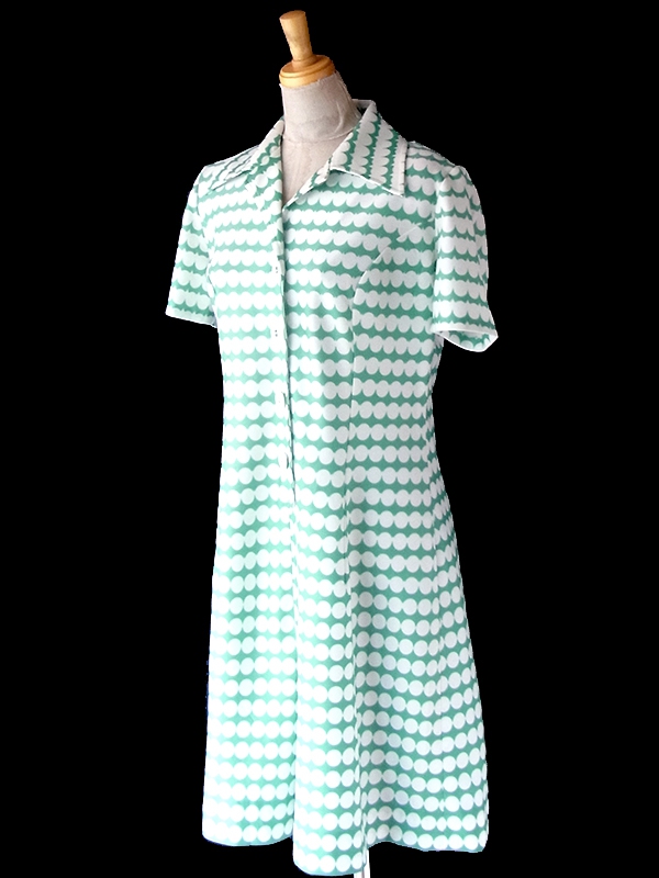 ヨーロッパ古着 ロンドン買い付け 70年代製 ミントグリーン X ホワイト 水玉 ヴィンテージ ワンピース 24OM034