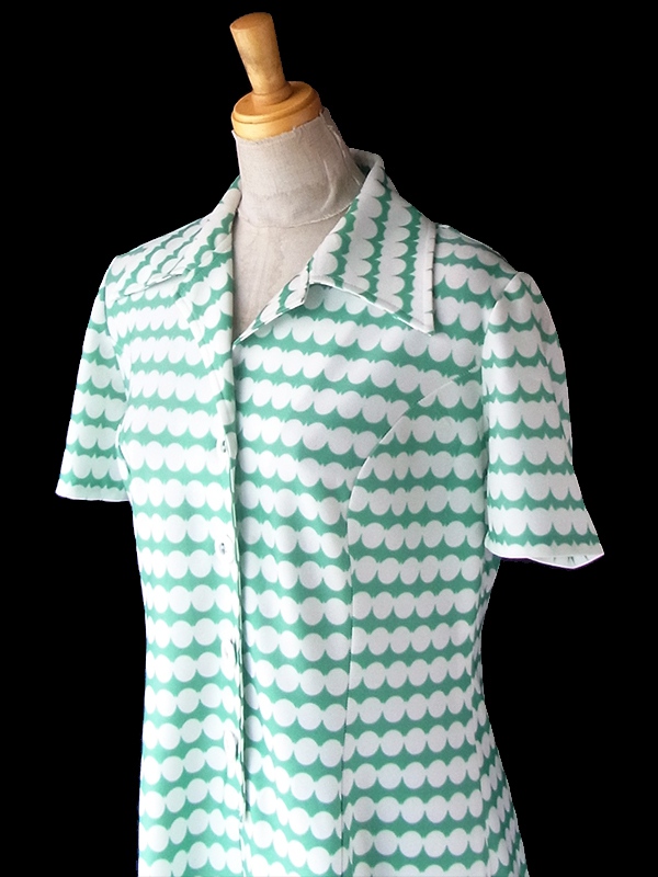 ヨーロッパ古着 ロンドン買い付け 70年代製 ミントグリーン X ホワイト 水玉 ヴィンテージ ワンピース 24OM034