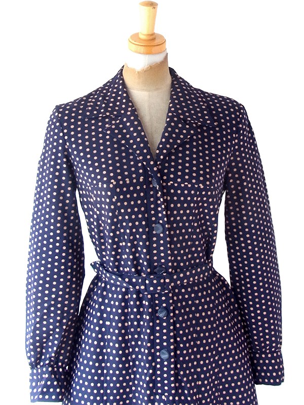 ヨーロッパ古着 ロンドン買い付け 70年代製 ネイビー X ゴールド・レッド 水玉 共布ベルト付き ワンピース 24OM035