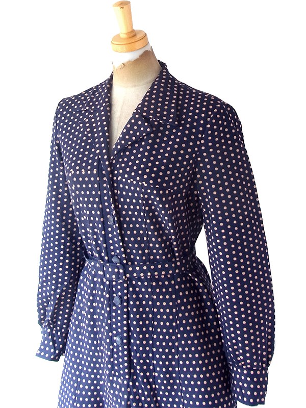 ヨーロッパ古着 ロンドン買い付け 70年代製 ネイビー X ゴールド・レッド 水玉 共布ベルト付き ワンピース 24OM035