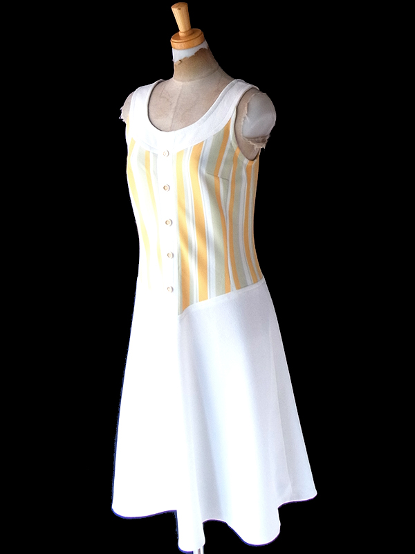 ヨーロッパ古着 ロンドン買い付け 70年代製 イエロー・グリーン X ホワイト ストライプ ヴィンテージ ワンピース 24OM0038