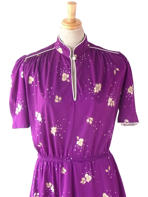 ロンドン買い付け 70年代製 パープル X ベージュ 花柄 ヴィンテージ ワンピース 24OM039