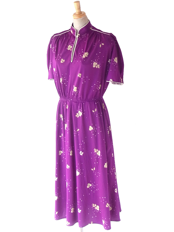 ロンドン買い付け 70年代製 パープル X ベージュ 花柄 ヴィンテージ ワンピース 24OM039
